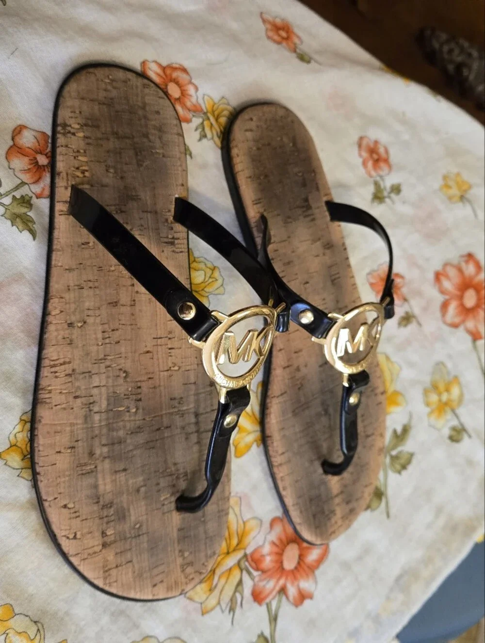 Michael Kors Black Sandal Thongs with Gold MK Medallions